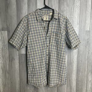 RED HEAD Men's Button Shirt Large Blue/Tan Check Short Sleeve‎ Casual